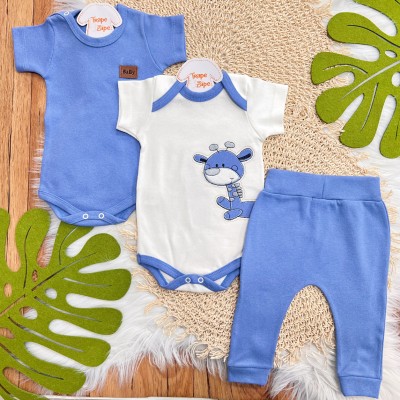 Conj. de Malha 3 peças - Girafinha - Off White e Azul 